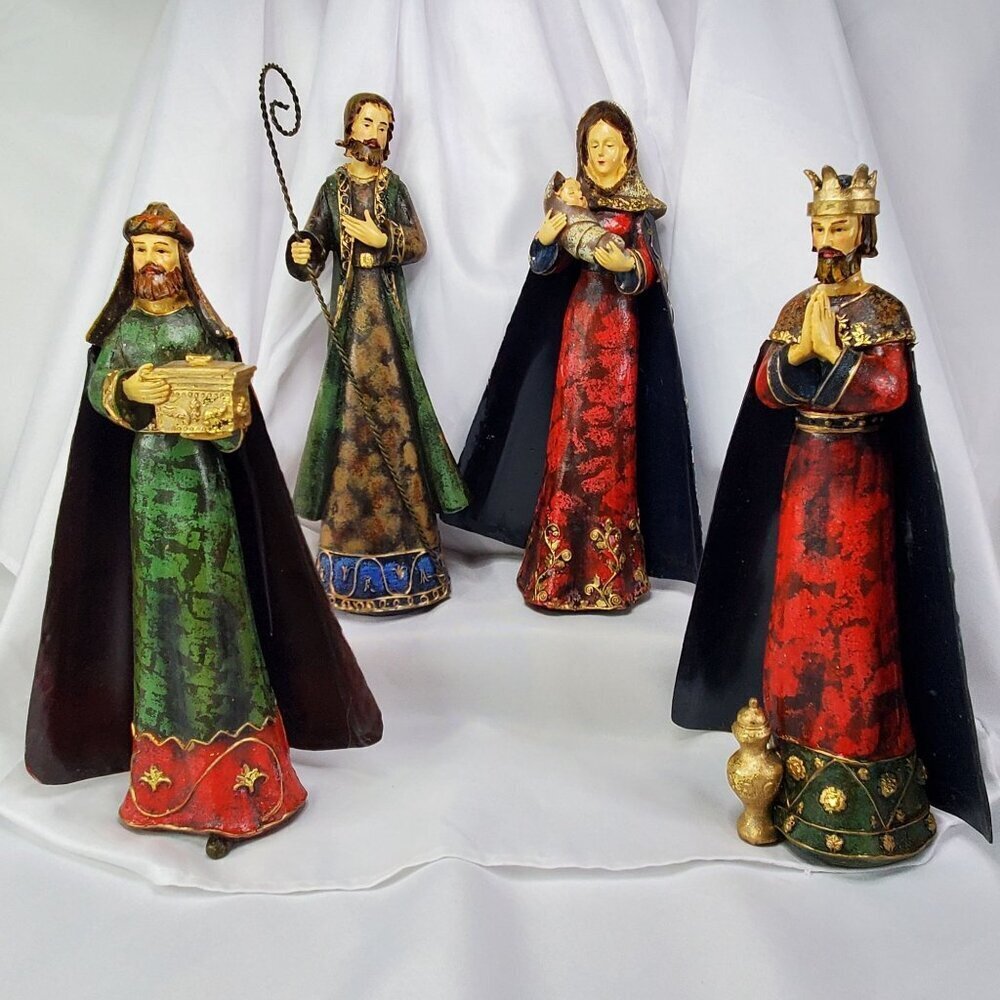4 Hand-Painted Polystone Nativity Figurines Metal Capes Made in Italy 12" Tall